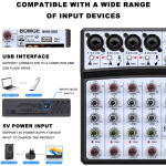 Mixer de Áudio Console Profissional 6 Canais 99DSP com MP3, Interface USB Placa de Som, Bluetooth, 48V Phantom Power